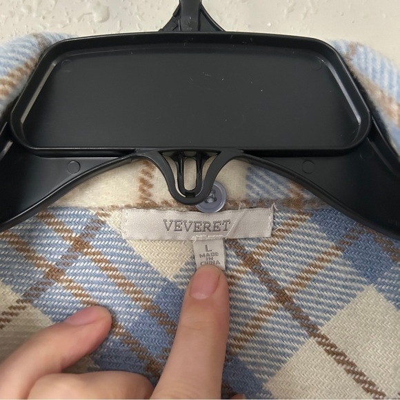 Veveret Blue Cream Plaid Shacket Flannel Jacket Fall Spring Comfy Casual Large - Picture 2 of 7